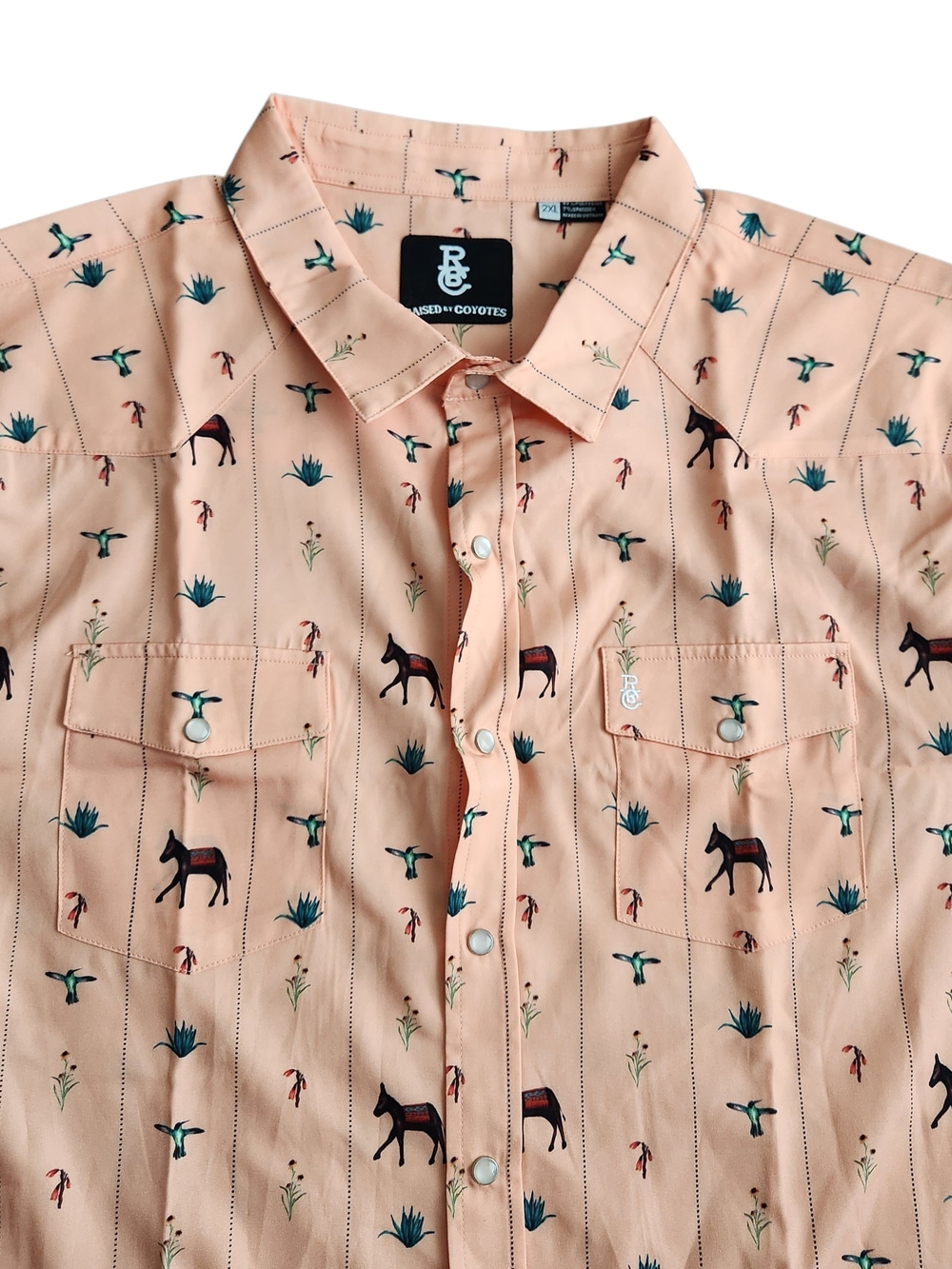 Raised By Coyotes Burro Trail Pearl Snap Shirt Men's 2XL Orange Hummingbird Golf